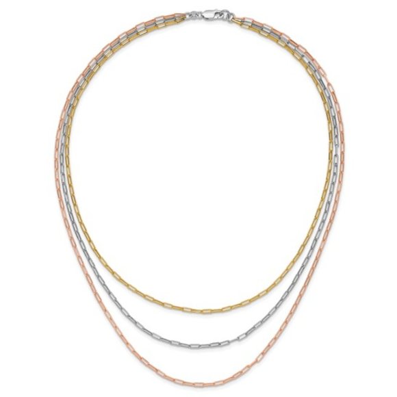 Sterling Silver Tri-color Paperclip Link 3-strand 18 inch layered Fancy Necklace - Picture 5 of 5